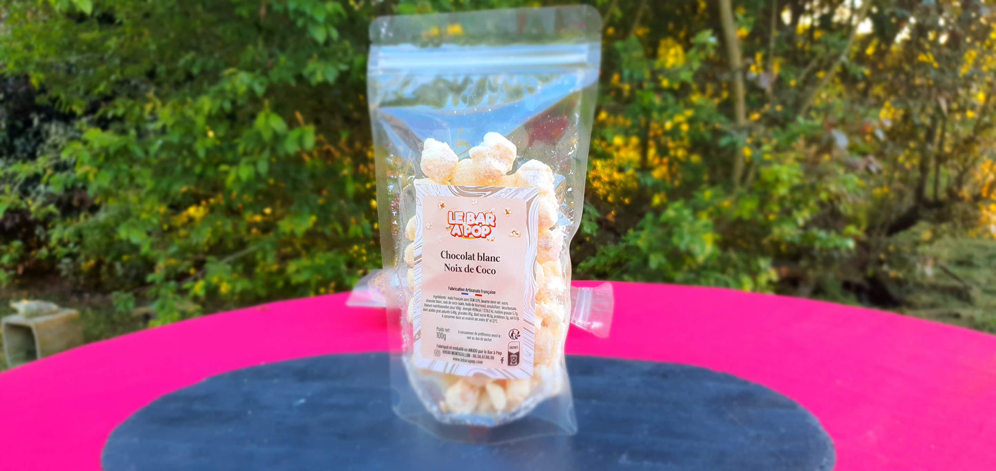 Pop-corn Enrobé de chocolat blanc sur un caramel Maison - 100g