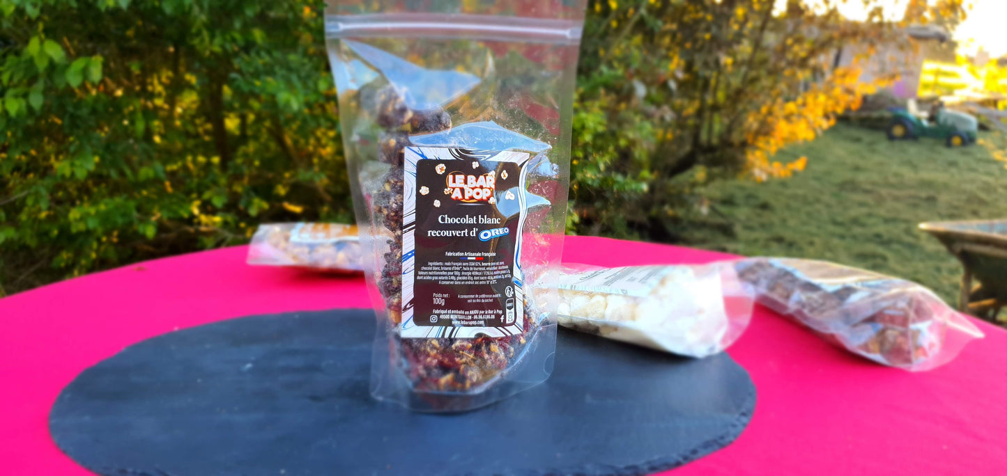 Pop-corn Enrobé de chocolat blanc et Oréos concassés - 100g