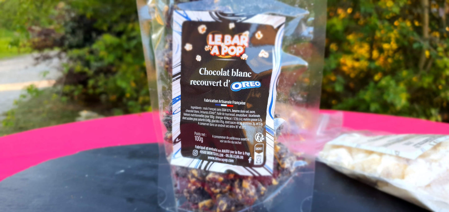 Pop-corn Enrobé de chocolat blanc et Oréos concassés - 100g