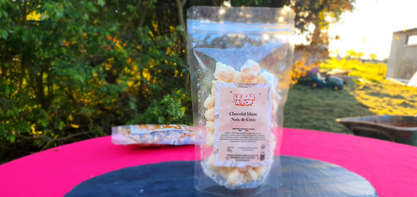 Pop-corn Noix de Coco Enrobé de chocolat blanc et Coco râpé - 100g