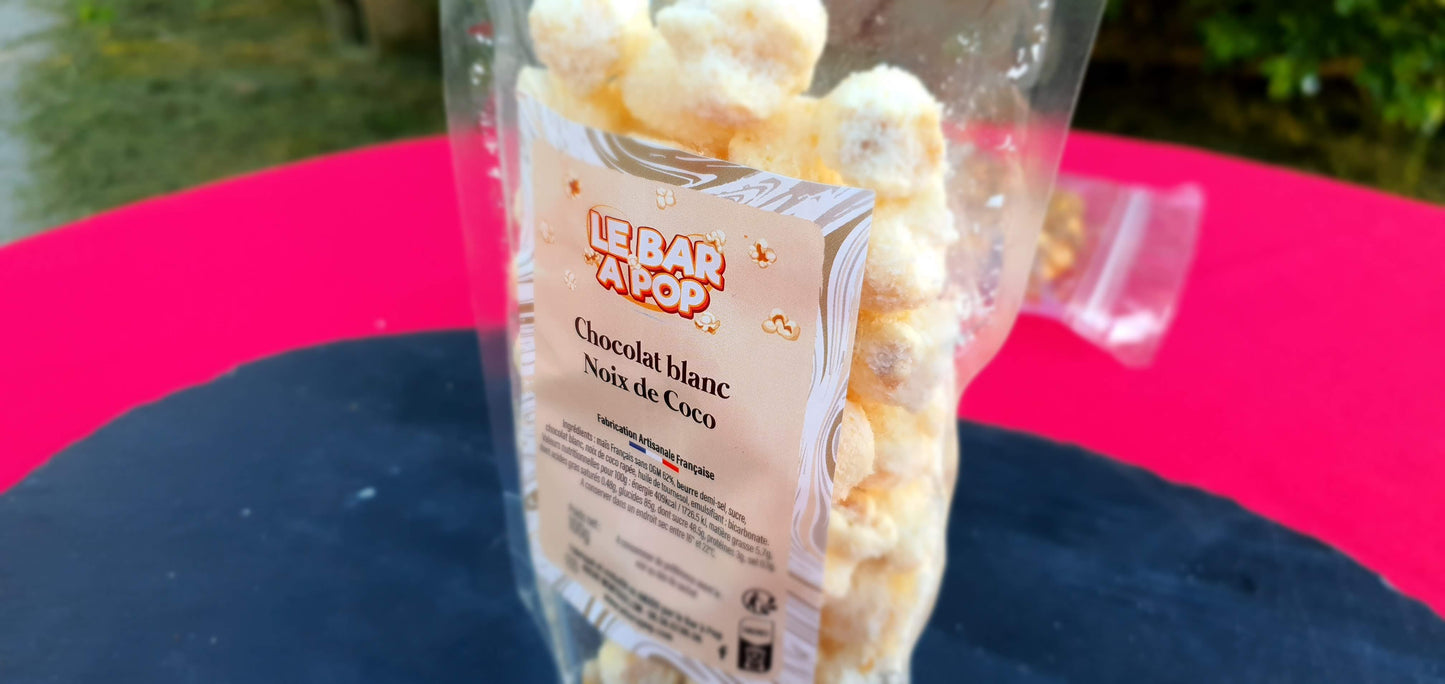 Pop-corn Noix de Coco Enrobé de chocolat blanc et Coco râpé - 100g