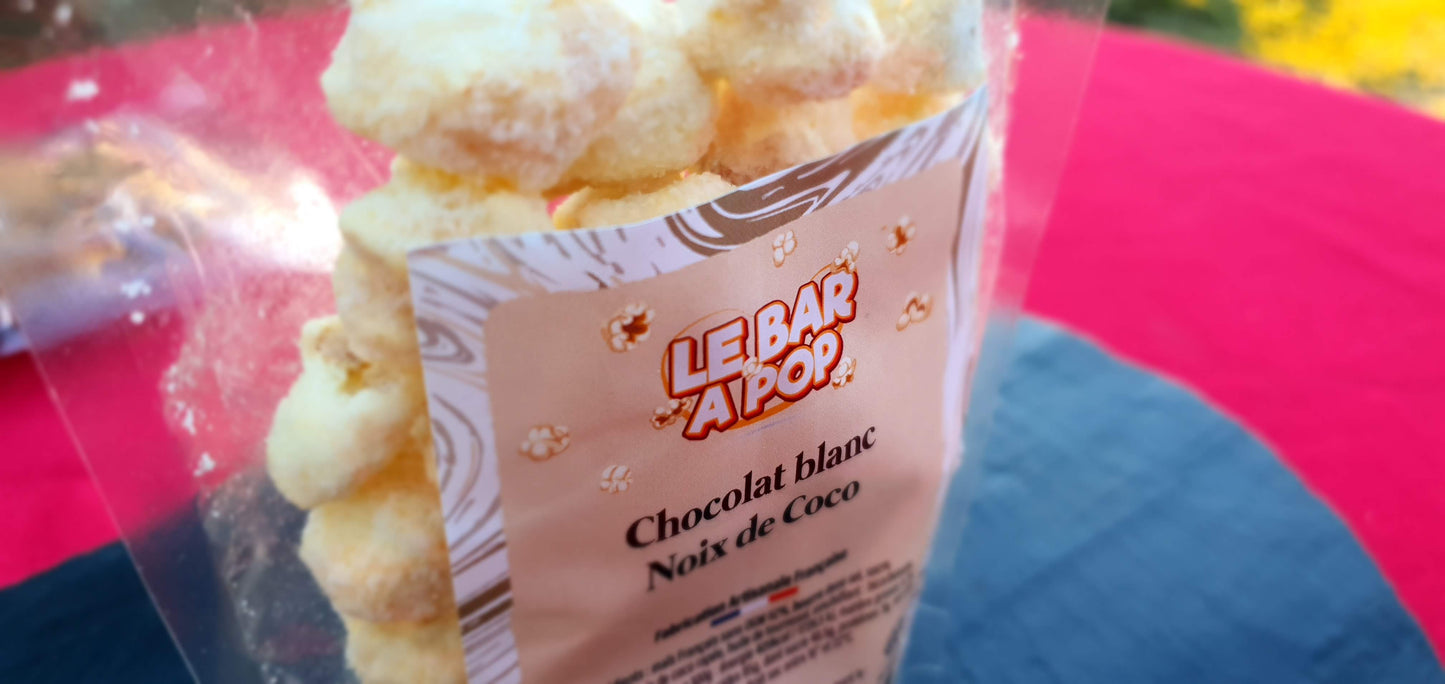 Pop-corn Noix de Coco Enrobé de chocolat blanc et Coco râpé - 100g