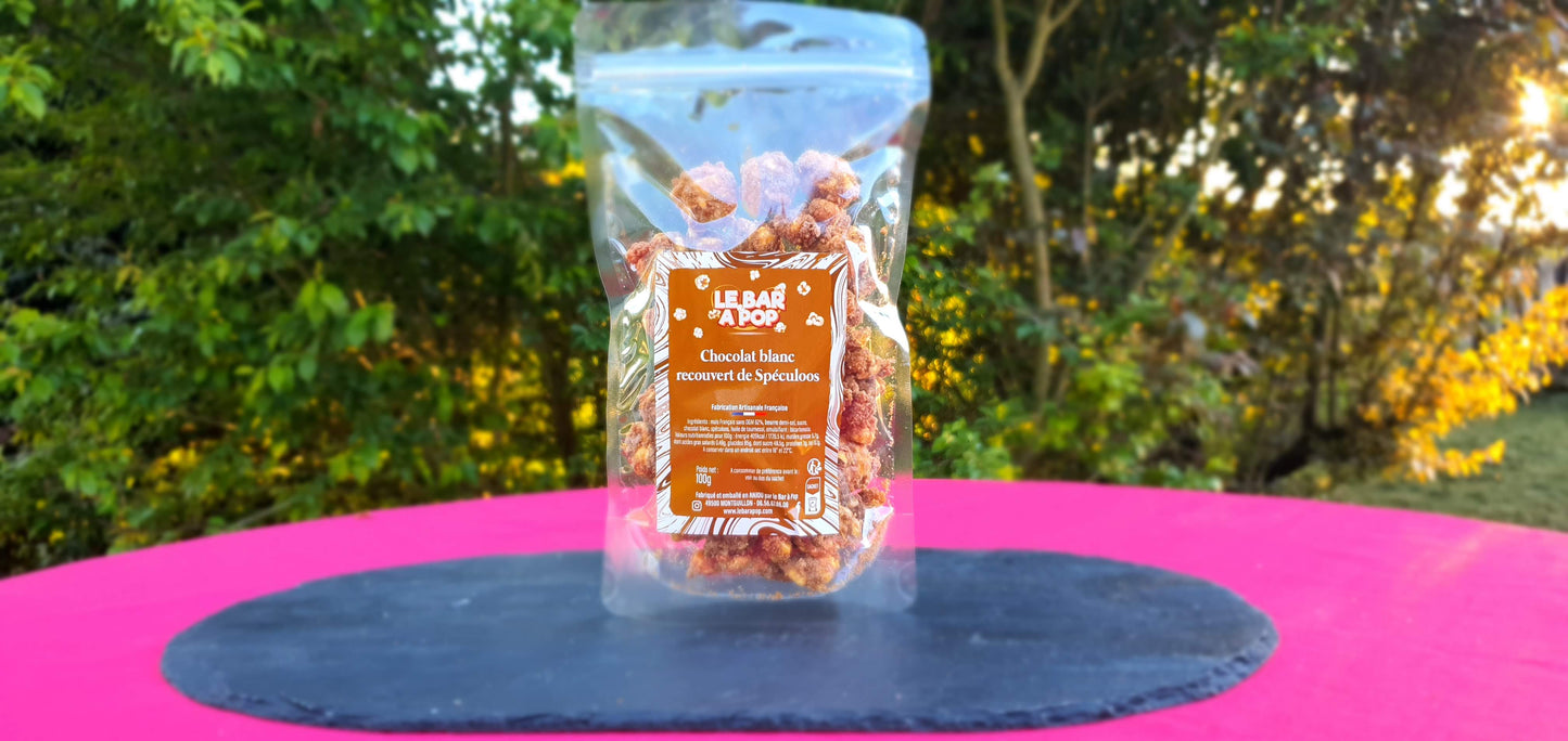Pop-corn Enrobé de chocolat Blanc recouvert de Spéculoos - 100g