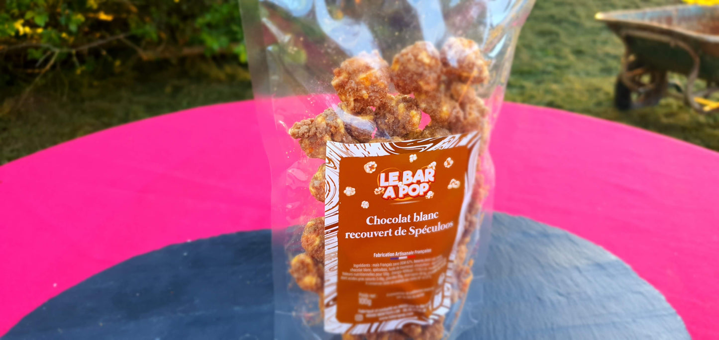 Pop-corn Enrobé de chocolat Blanc recouvert de Spéculoos - 100g