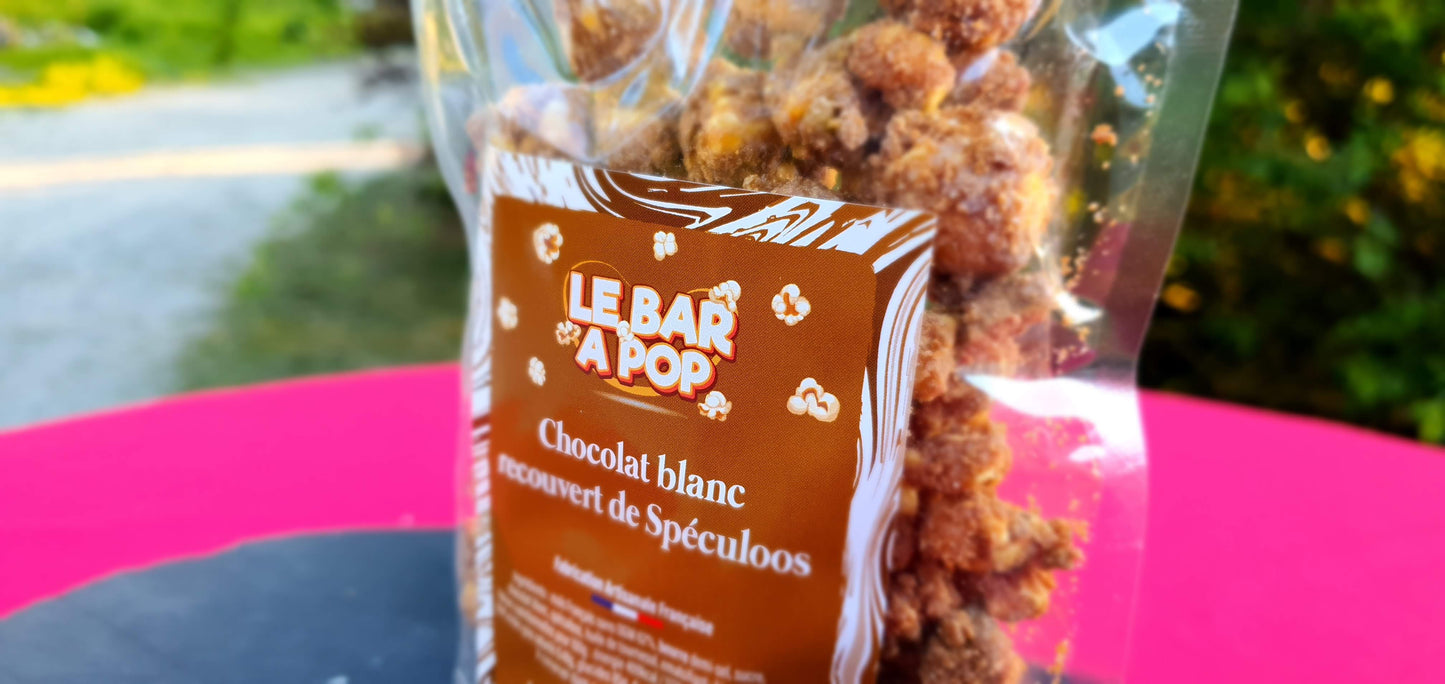 Pop-corn Enrobé de chocolat Blanc recouvert de Spéculoos - 100g
